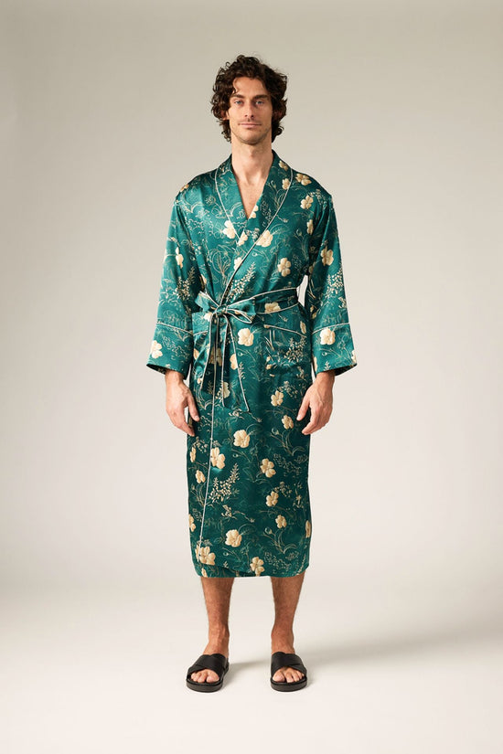 GREEN -- Hana Botanical Print Silk Men Robes