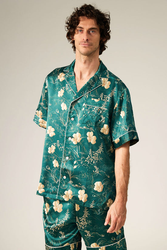 GREEN -- Tate Botanical Print Mens Silk Short Sleeve Pajama Set