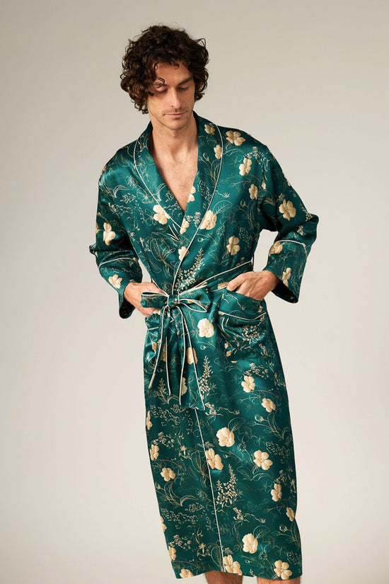 GREEN -- Hana Botanical Print Silk Men Robes