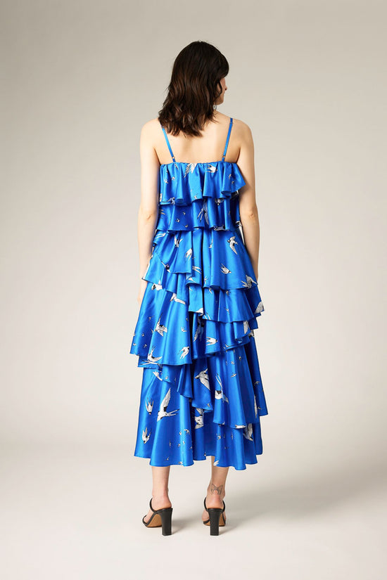 BLUE -- Luna Swallow Print Silk Ruffle Dress