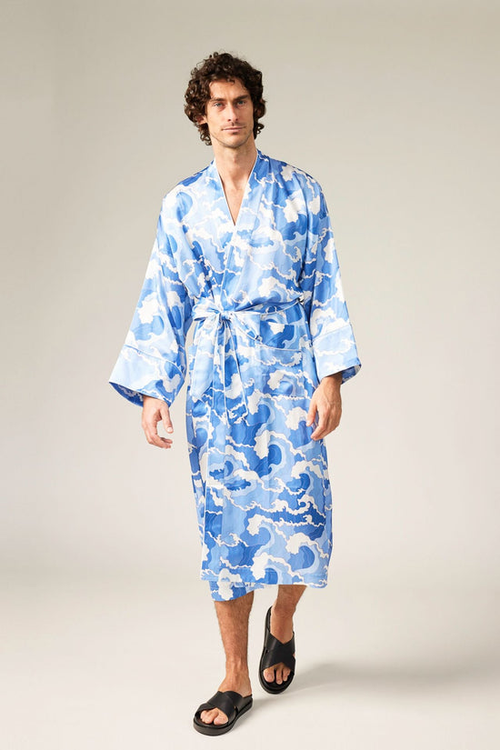BLUE -- Kai Wave Print Silk Men’s Robe