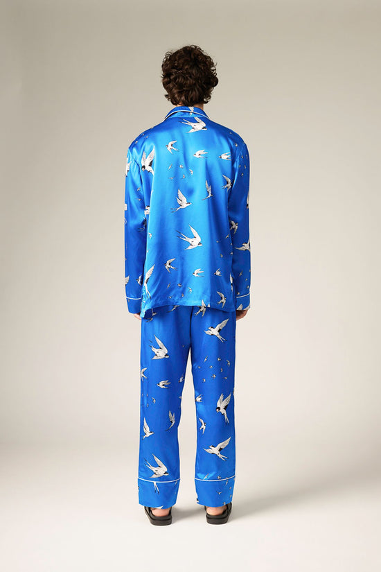 BLUE -- Caelus Swallow Print Silk Pajama Set
