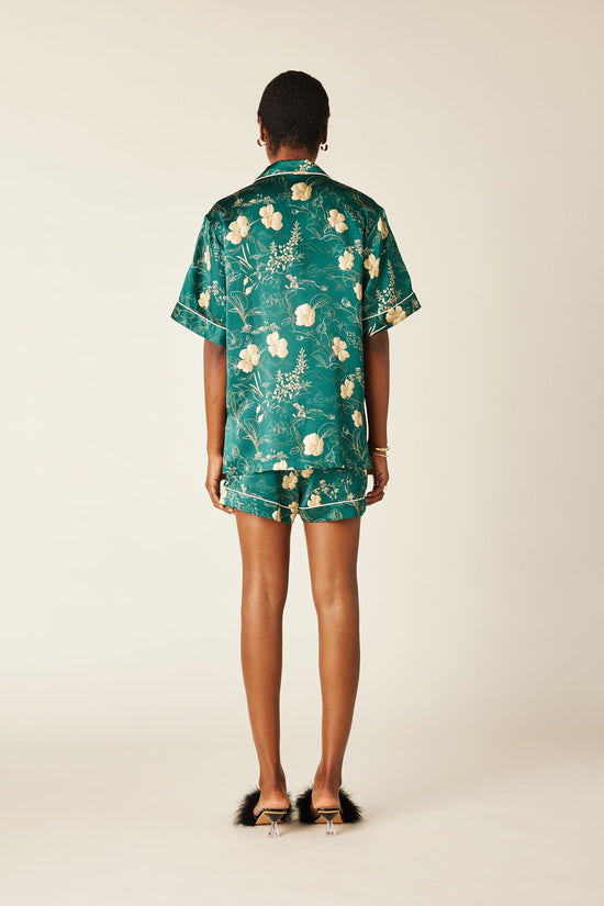 GREEN -- Lala Botanical Print Silk Short Sleeve Pajama Set