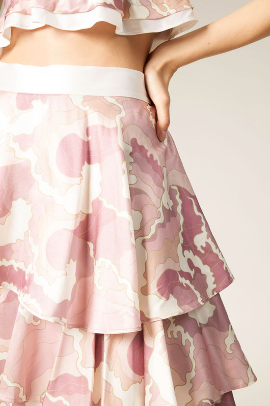 ROSE X WHITE -- Clara Wave Print Silk Ruffle Skirt