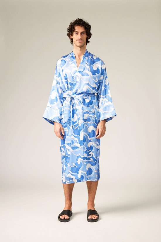 BLUE -- Kai Wave Print Silk Men’s Robe