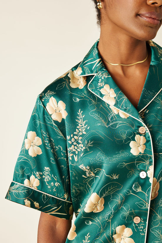 GREEN -- Lala Botanical Print Silk Short Sleeve Pajama Set