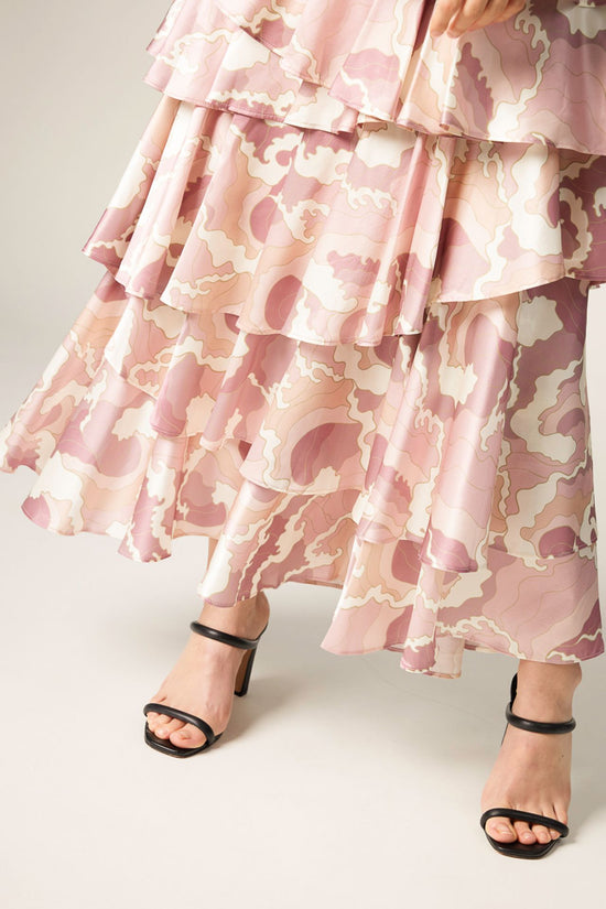 ROSE X WHITE -- Clara Wave Print Silk Ruffle Skirt