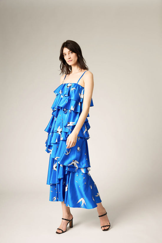 BLUE -- Luna Swallow Print Silk Ruffle Dress