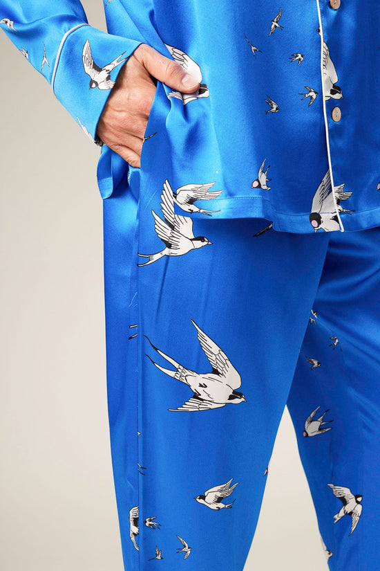 BLUE -- Caelus Swallow Print Silk Pajama Set