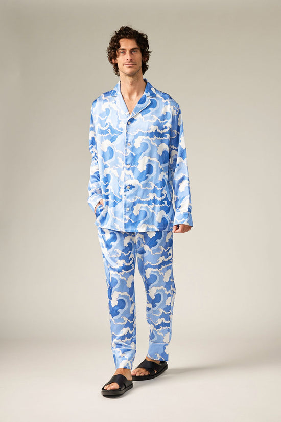 BLUE -- Wave Print Silk Pajama Set for Men