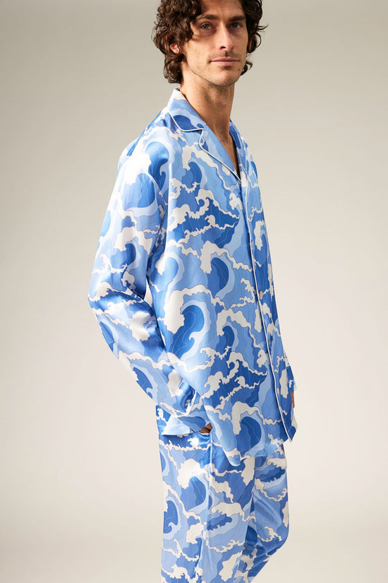 BLUE -- Wave Print Silk Pajama Set for Men